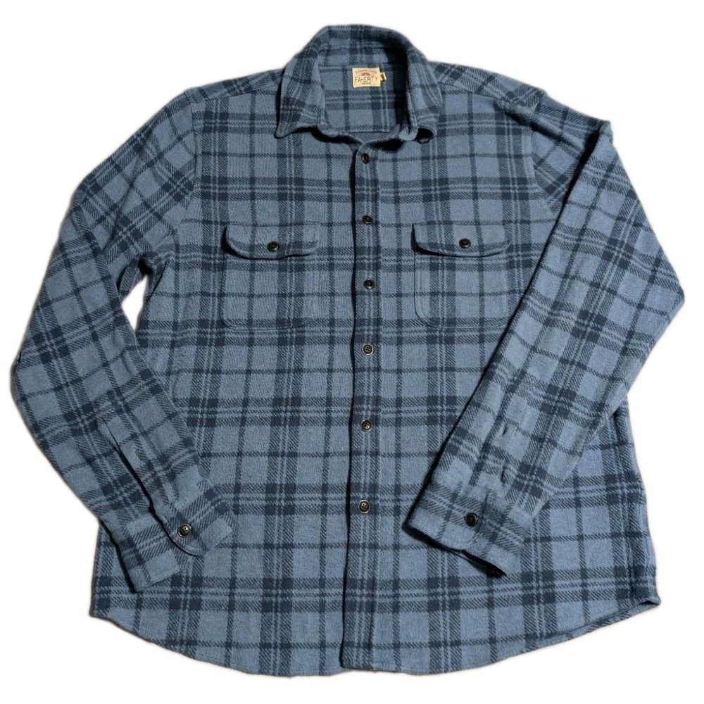 Faherty Legend Sweater Shirt Mens L Blue Plaid Stretch Flannel Button Up